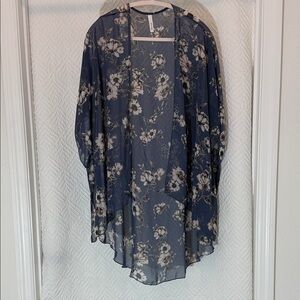 Floral Sheer Wrap Kimono - Navy Blue